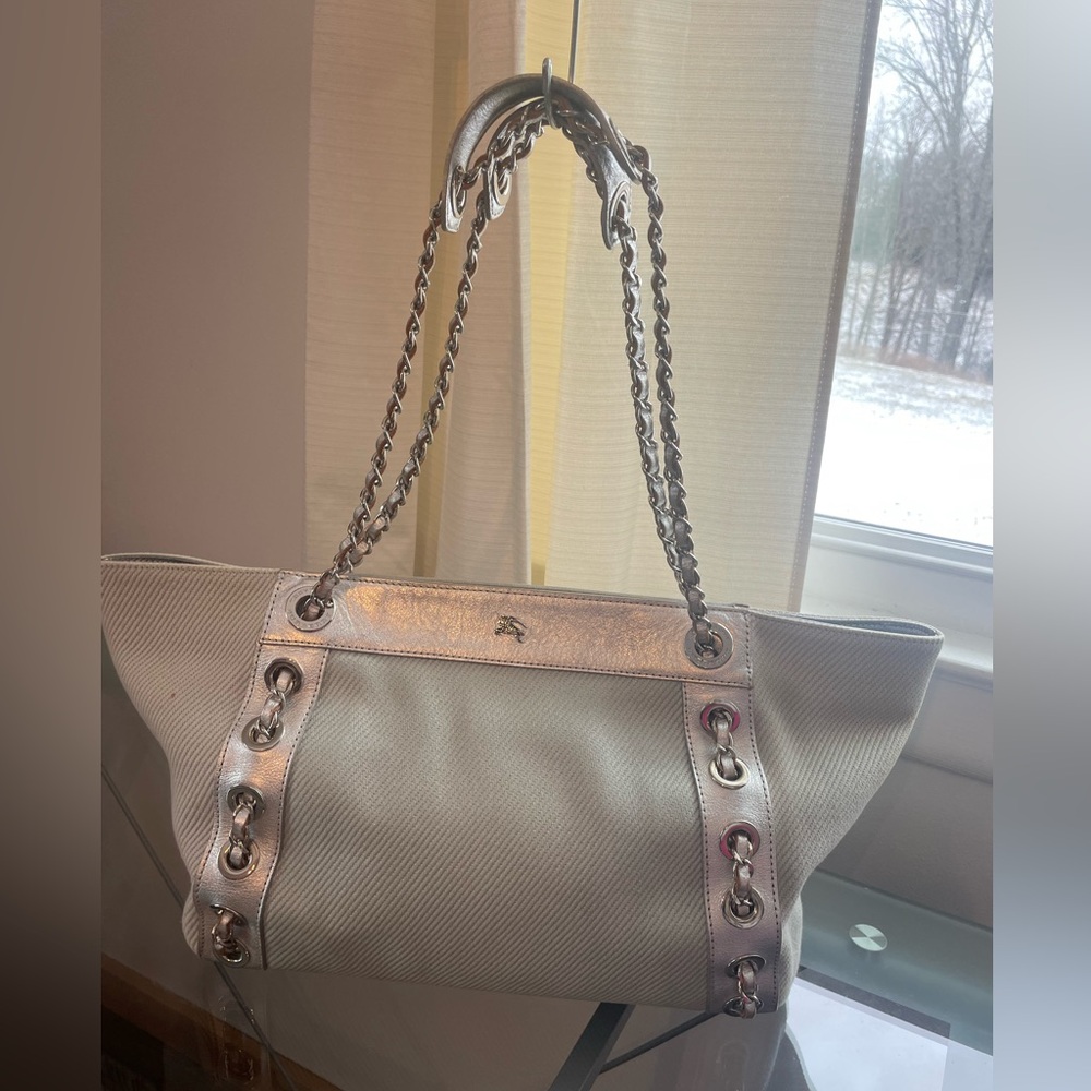 Burberry Blue Label Tote Shoulder Bag Tweed Leather Chain Strap Japan Exclusive - Picture 10 of 17